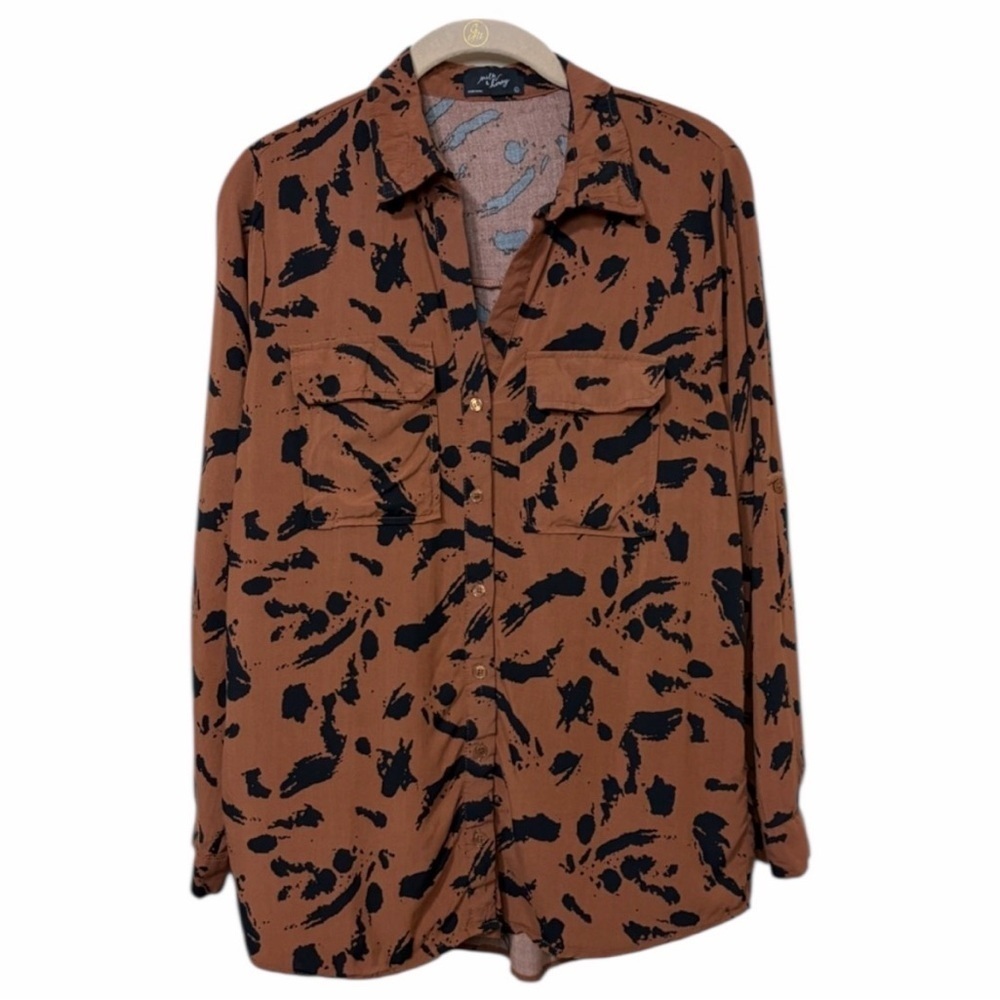 Milk & Honey Rayon Button Up Roll-Tab Sleeve Top Brown & Black Size Large